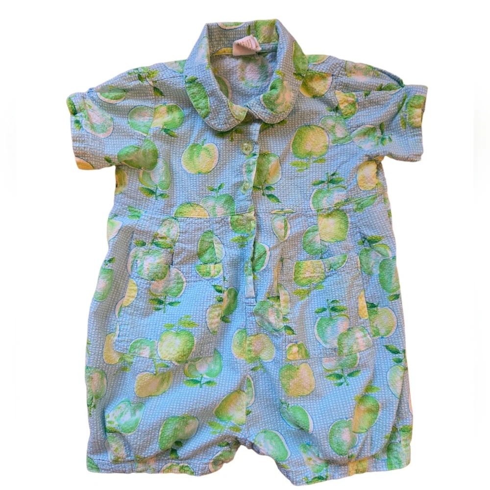 Baby Gap Y2K blue and green fruit patterned collared polo romper jumpsuit